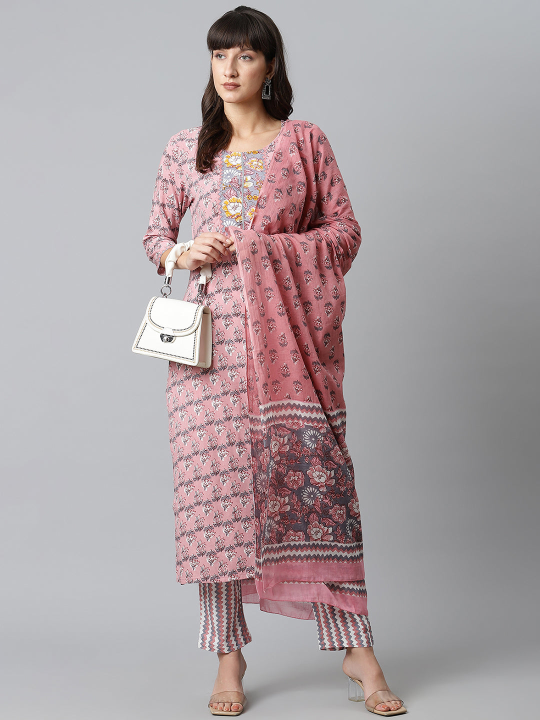 Pink and Grey Printed Kurta with Trousers and Dupatta