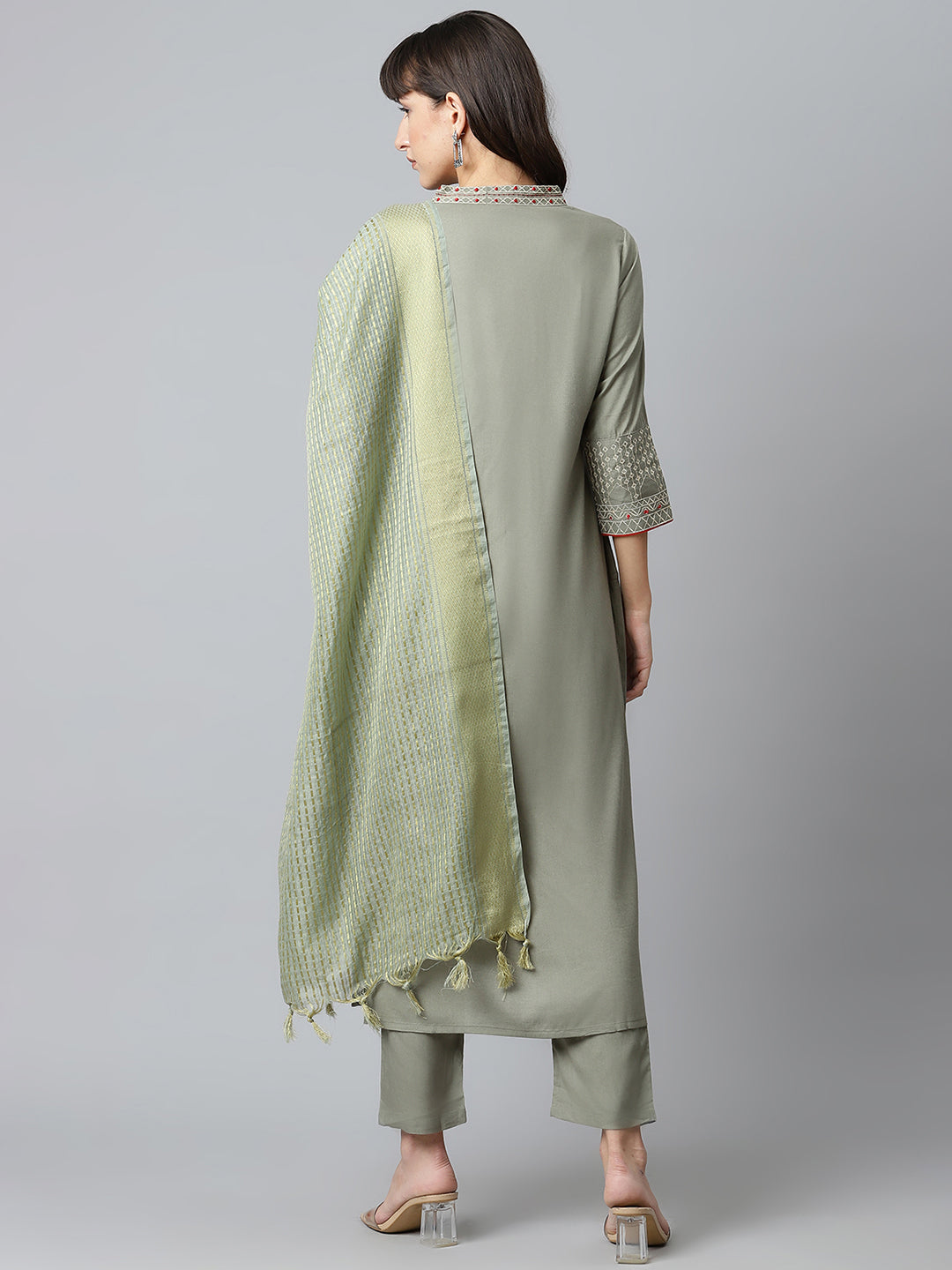 Women Solid Green Hand detailing Thread work  Kurta with Trousers and Dupatta