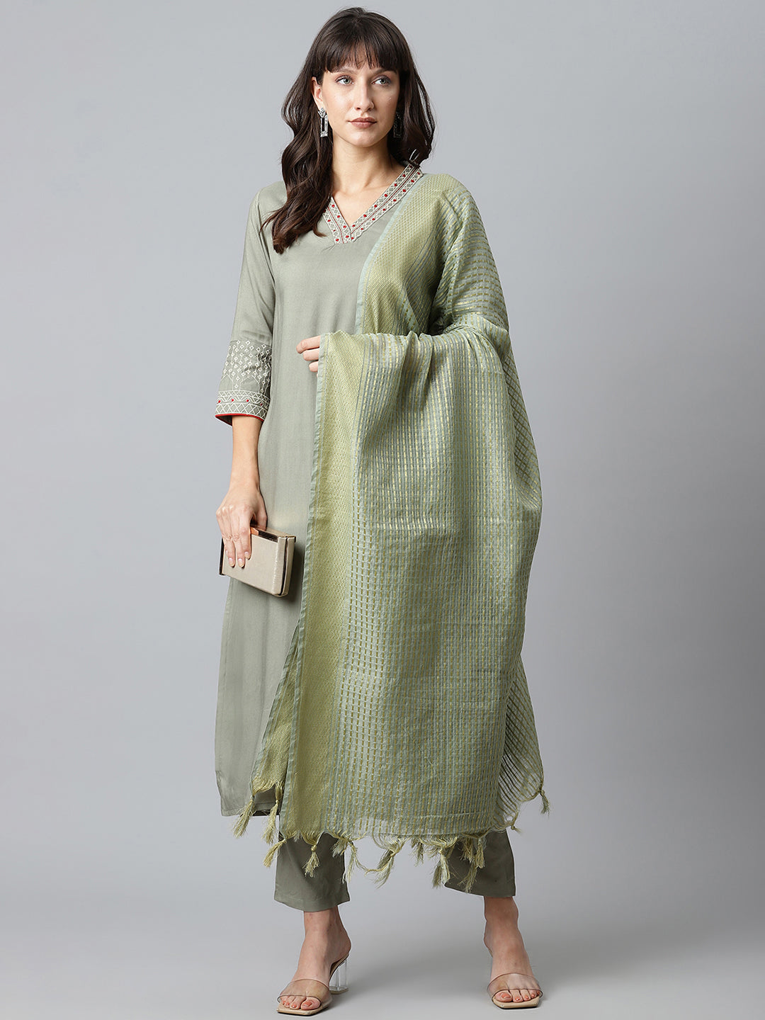 Women Solid Green Hand detailing Thread work  Kurta with Trousers and Dupatta