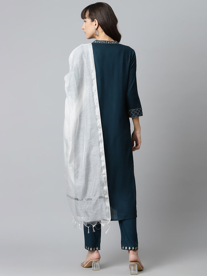 Wome Blue Embroidered Kurta with Trousers and Dupatta