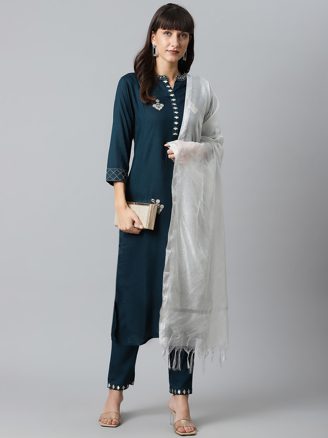 Wome Blue Embroidered Kurta with Trousers and Dupatta