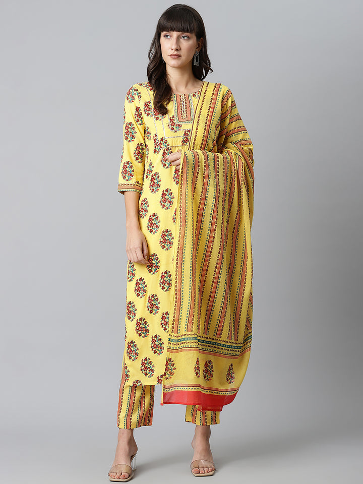 Women Yellow Floral Printed Kurta with Trousers and Dupatta