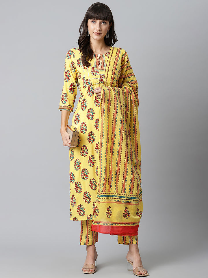 Women Yellow Floral Printed Kurta with Trousers and Dupatta