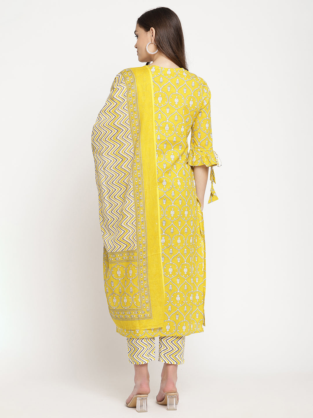 Women Yellow Printed Kurta with Trousers and Dupatta