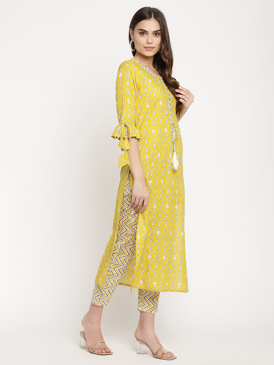 Women Yellow Printed Kurta with Trousers and Dupatta