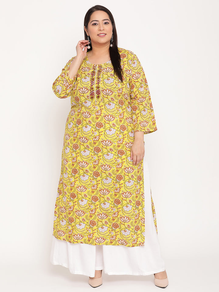 Green Printed Embroidered Yoke Plus Size Kurta