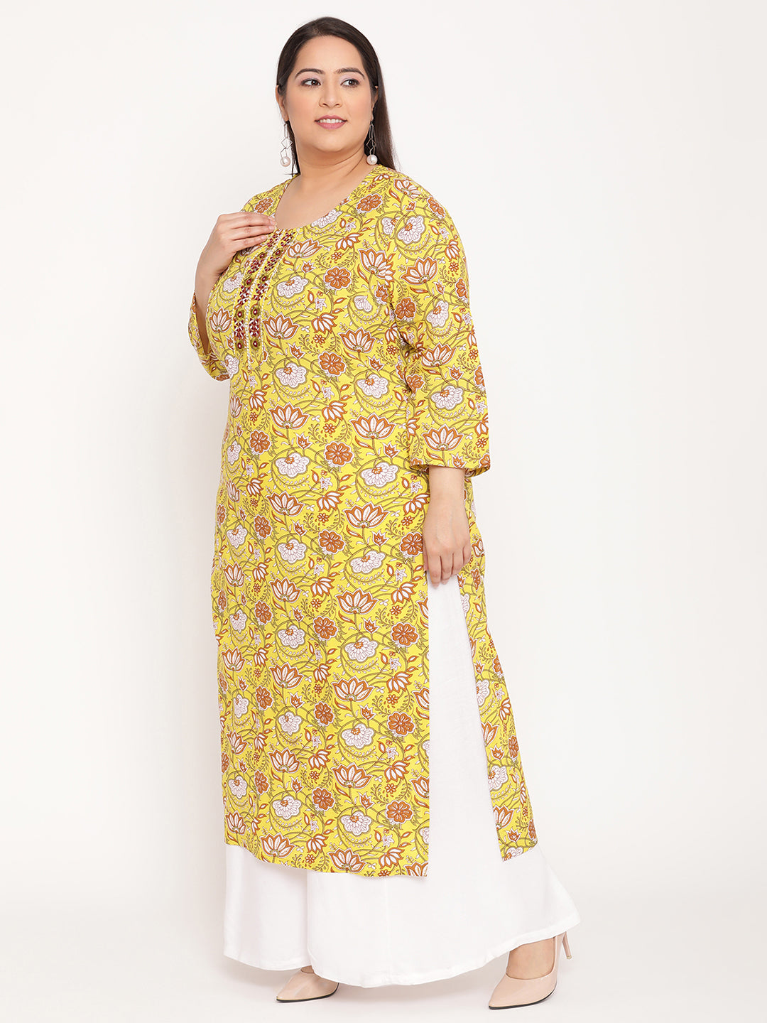 Green Printed Embroidered Yoke Plus Size Kurta