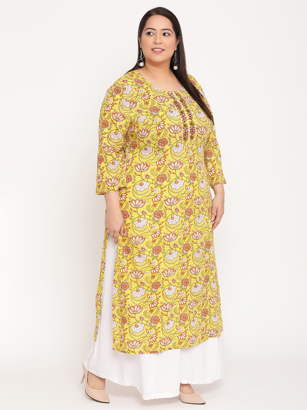 Green Printed Embroidered Yoke Plus Size Kurta