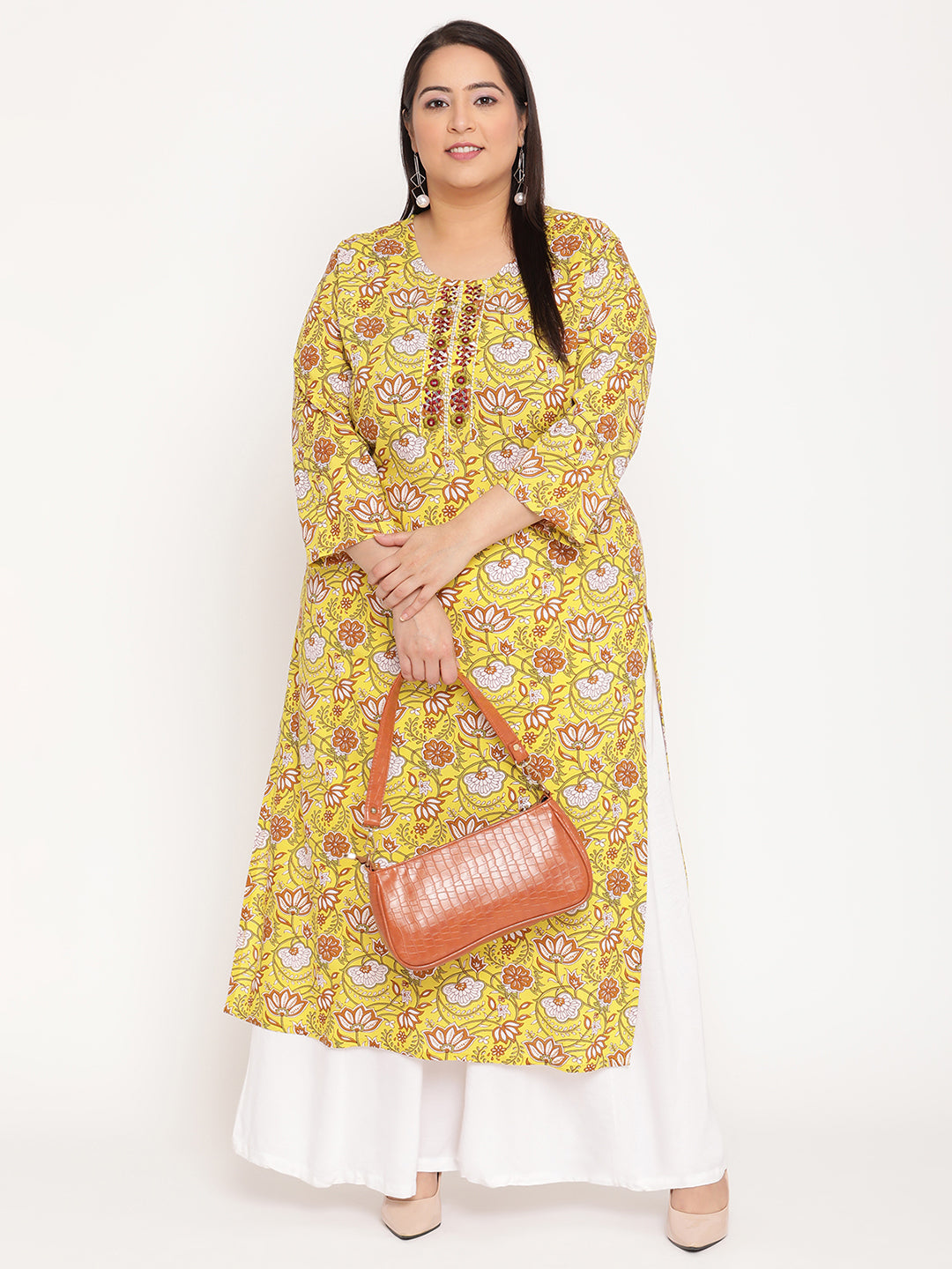 Green Printed Embroidered Yoke Plus Size Kurta