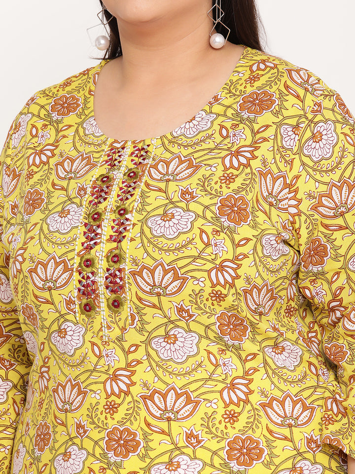 Green Printed Embroidered Yoke Plus Size Kurta