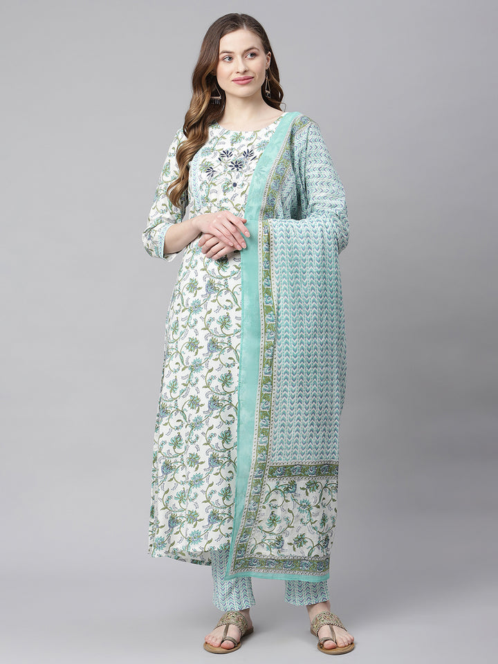 Women White Floral Yoke Design Ethnic Motif Kurta with Trousers and Dupatta