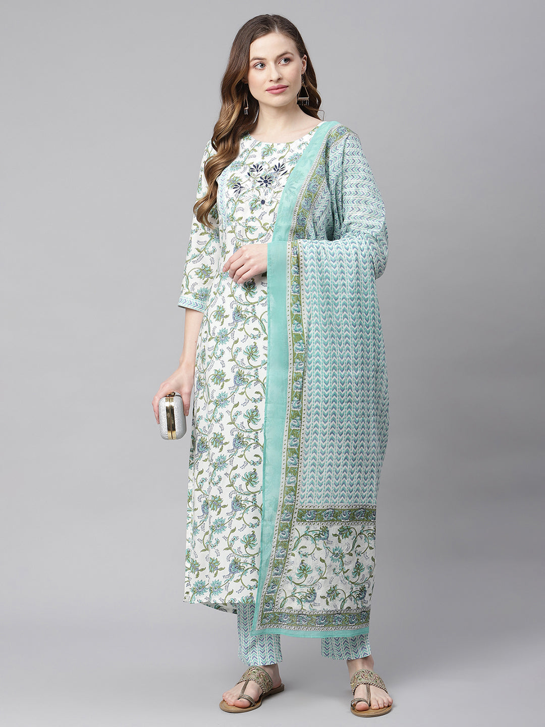 Women White Floral Yoke Design Ethnic Motif Kurta with Trousers and Dupatta