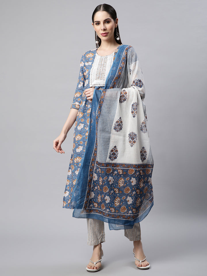 Women Blur Floral Print Kurta with Trousers and Dupatta