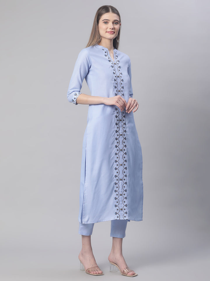 Women Blue Solid Embroidered Kurta Set with Dupatta