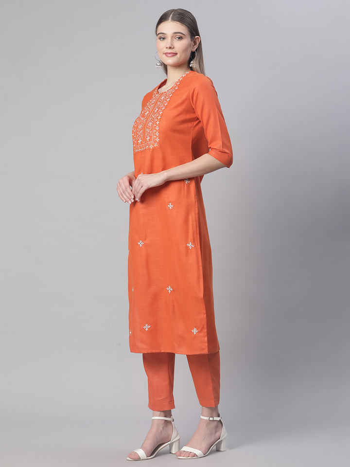 Women Orange Embroidered Yoke Design Kurta with Trouses and Dupatta