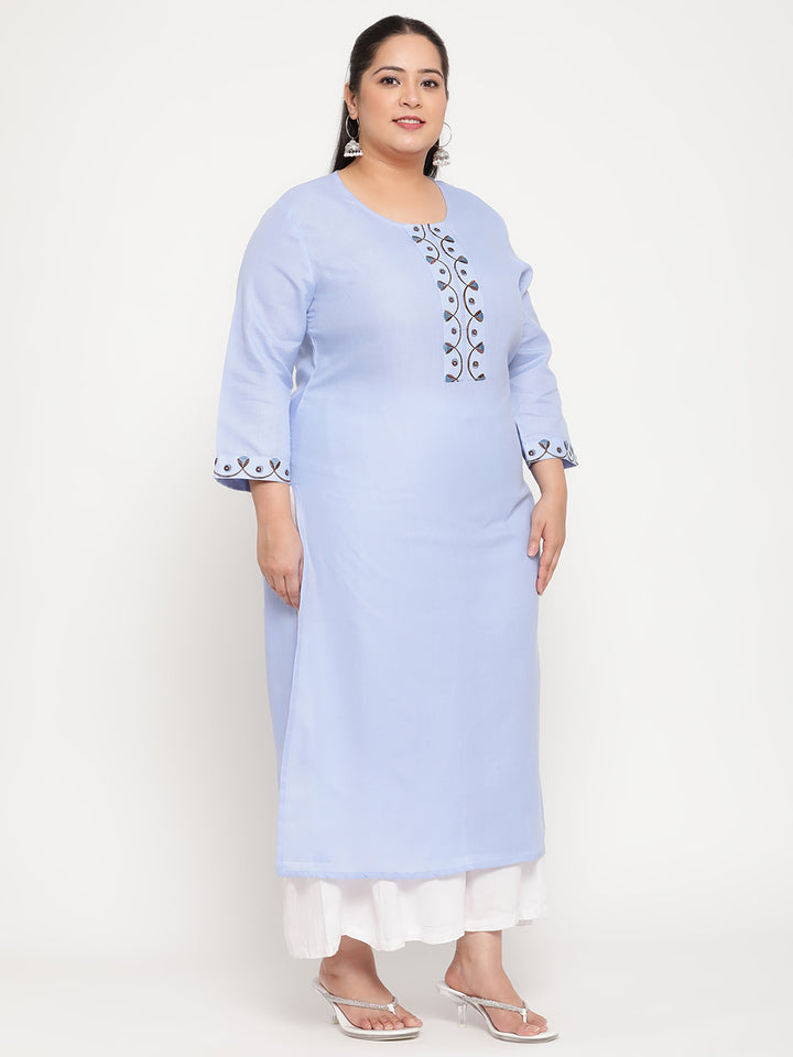 Women Blue Embroidered Plus Size Kurta