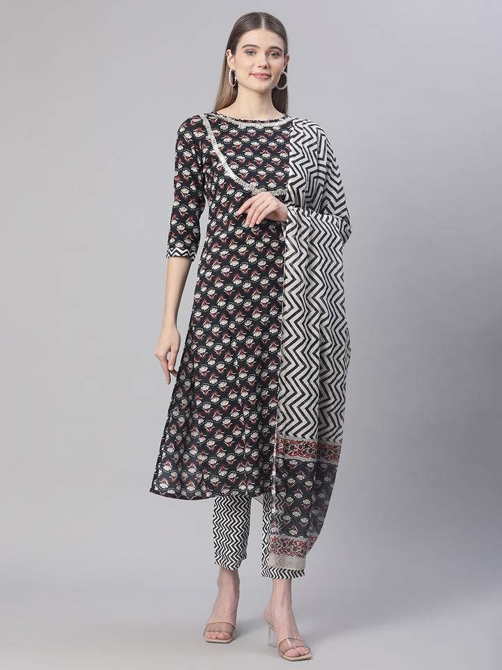 Women Black Printed Mirror work Kurta Set with Dupatta