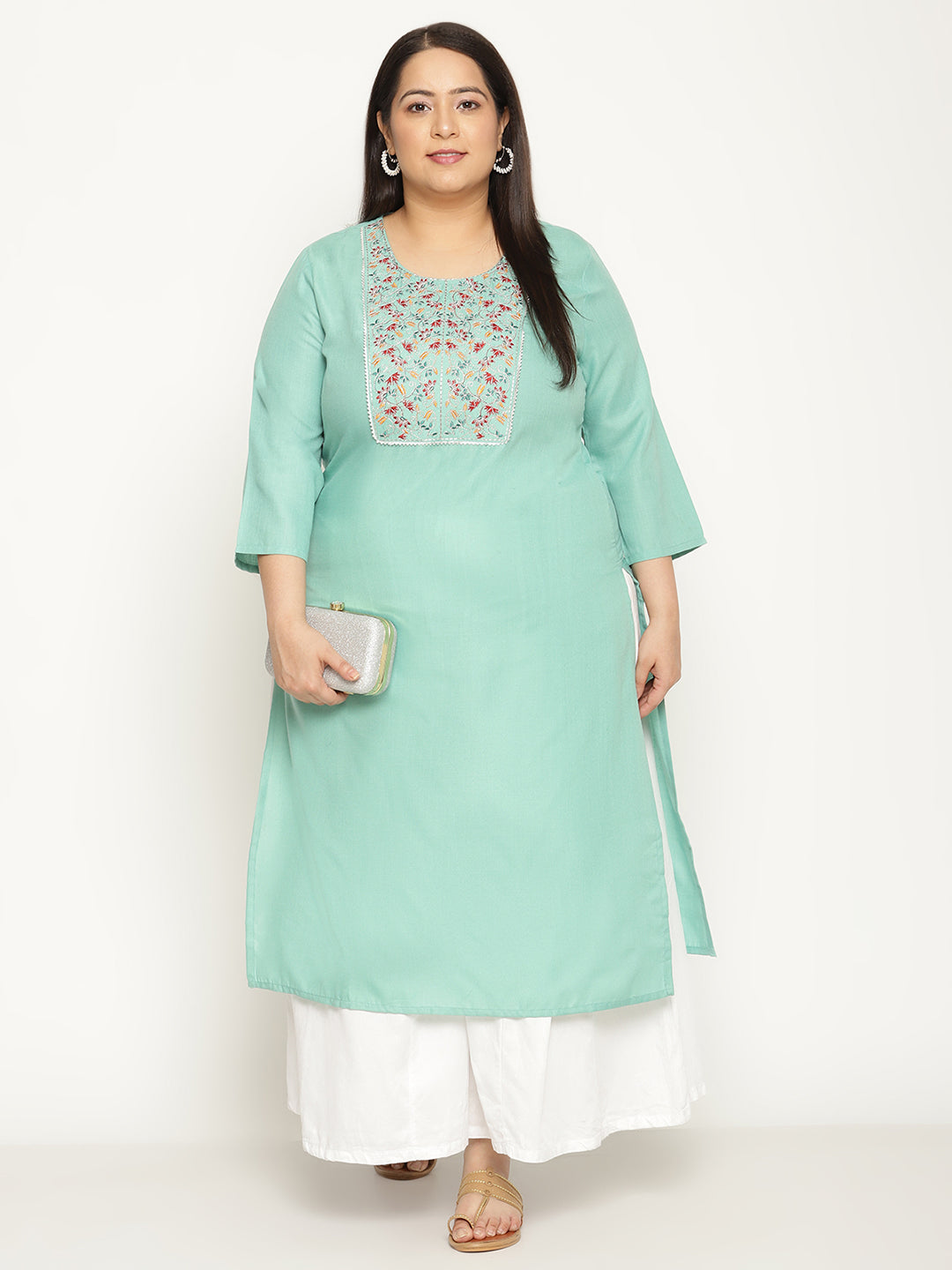 Green Embroidered Yoke Design Plus Size Kurta