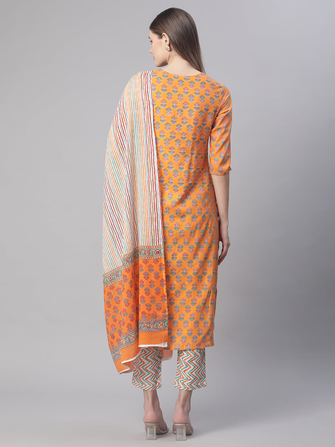 Women Orange Printed Kurta with Trousers and Dupatta