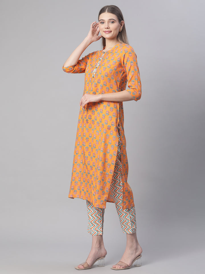 Women Orange Printed Kurta with Trousers and Dupatta