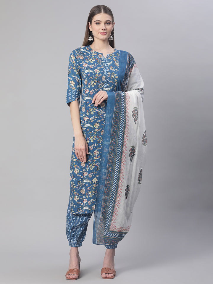 Women Blue Floral Printed Kurta set with Dupatta