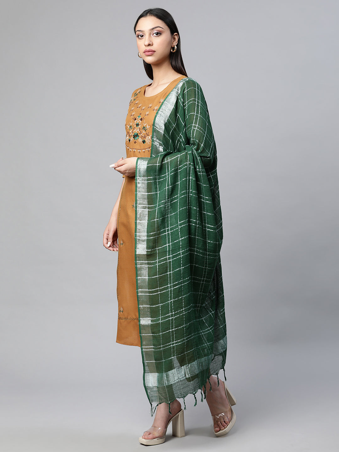 Women Brown Solid Embroidered Yoke Kurta with Trousers and Dupatta