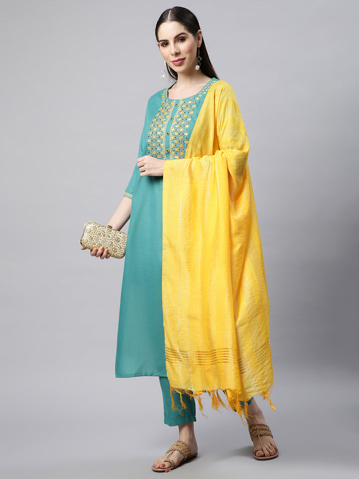 Green Solid Yoke Design Mirror Embroidered Kurta with Trousers and Dupatta