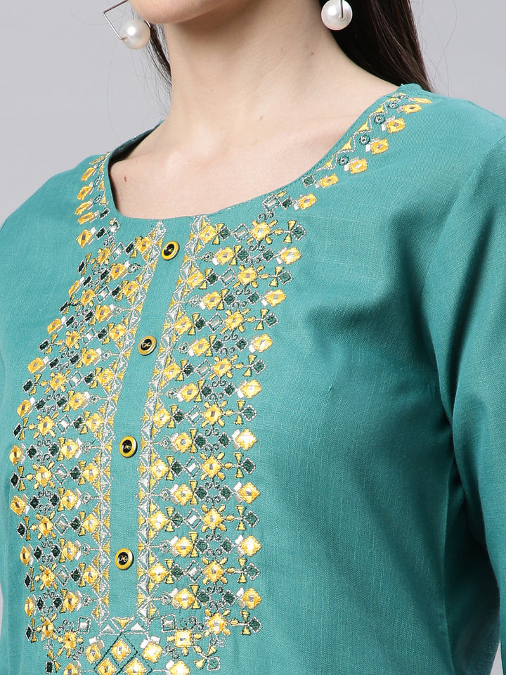 Green Solid Yoke Design Mirror Embroidered Kurta with Trousers and Dupatta