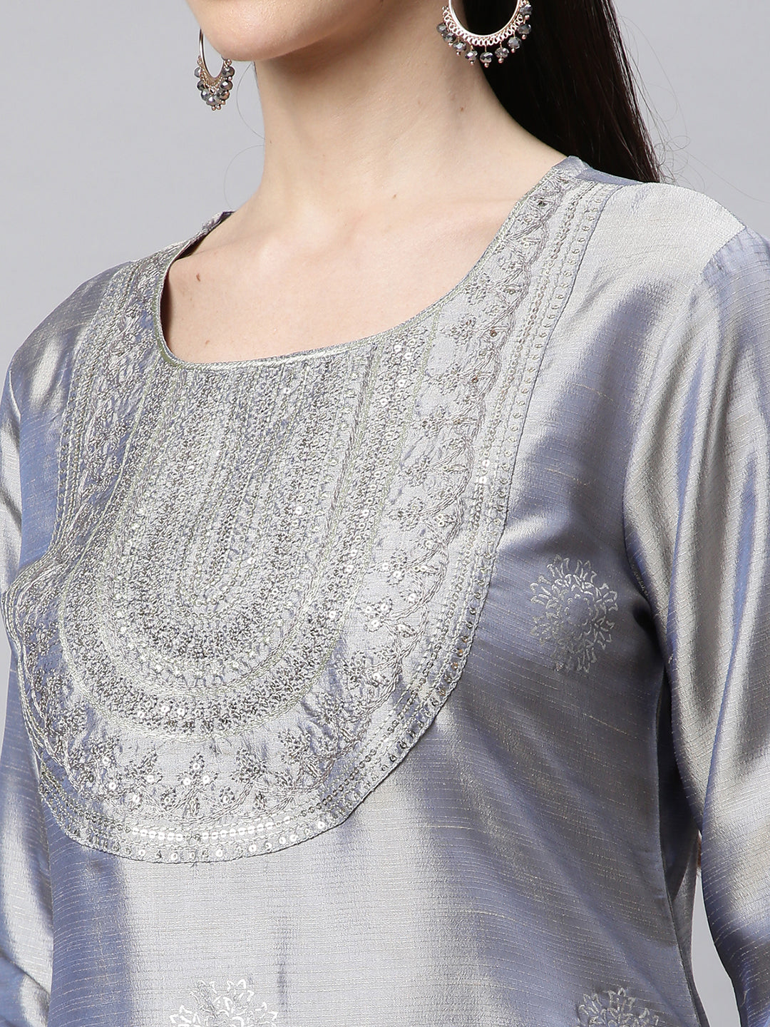 Women Grey Embroidered Kurta with Trousers