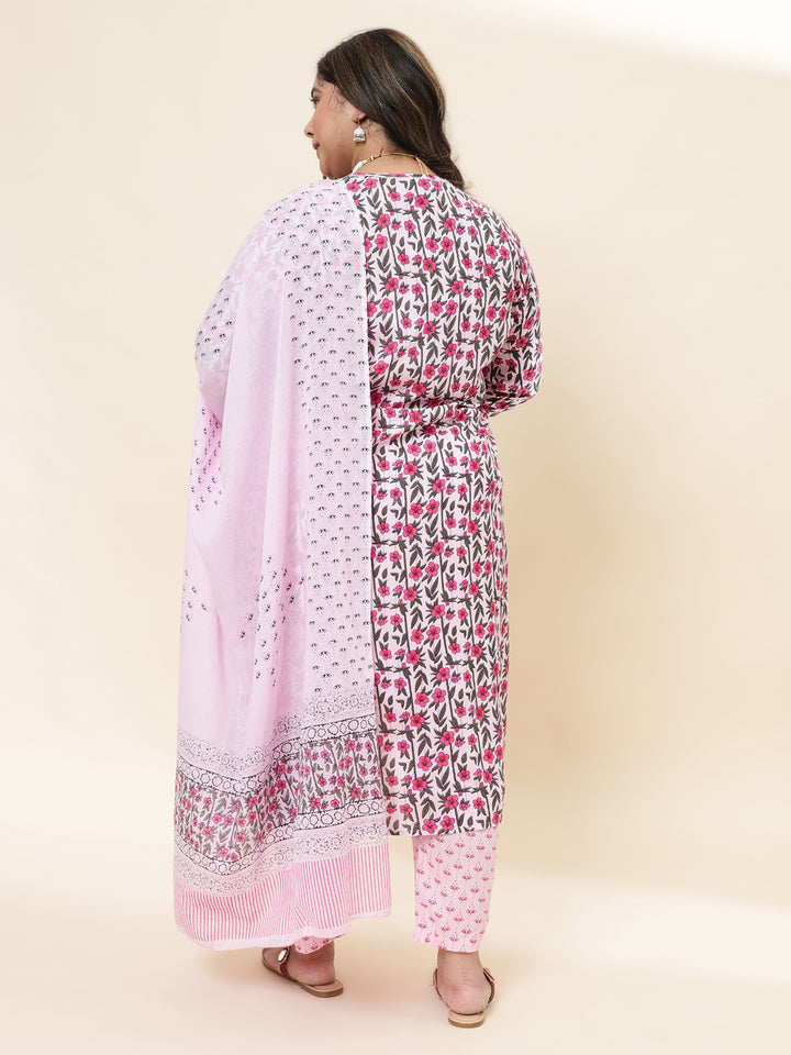 Women Pink Embroidered Plus Size  Kurta with trouser and Dupatta
