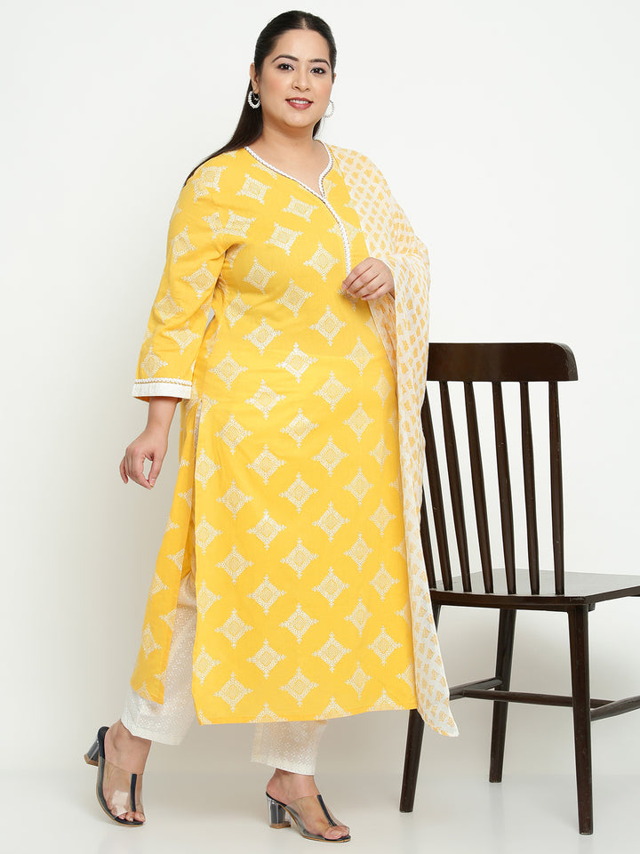 Women Yellow Printed Cotton Plus Size Kurta with Trousers and Dupatta