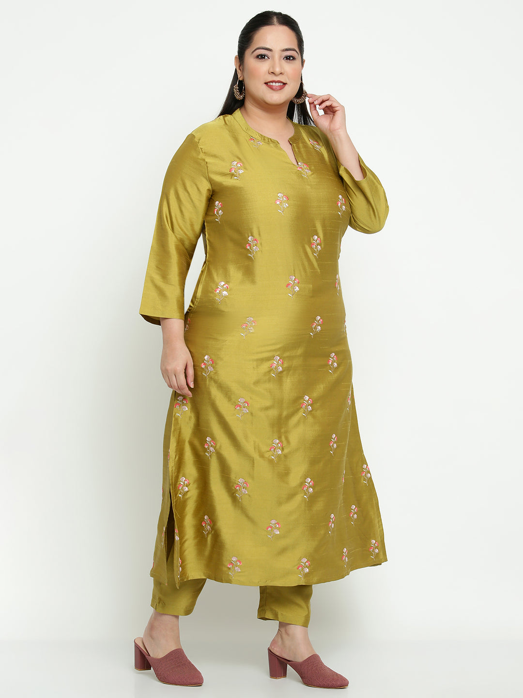 Women Green Embroidered Plus Size Kurta with Trousers