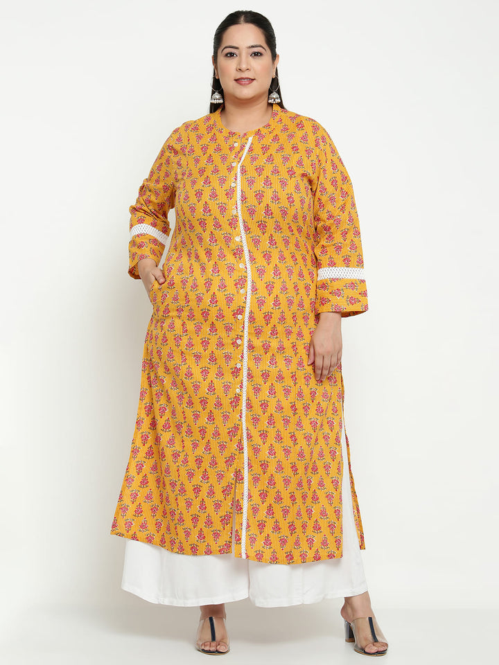 Women Yellow Printed Lace Detailing Plus Size Kurta