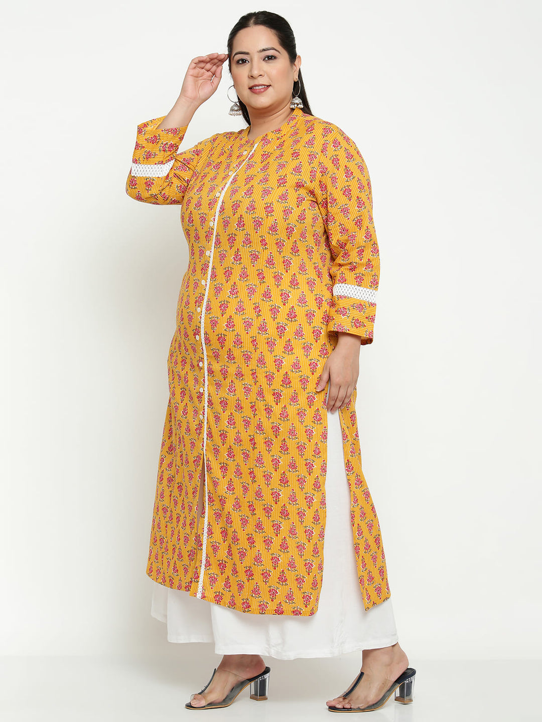 Women Yellow Printed Lace Detailing Plus Size Kurta