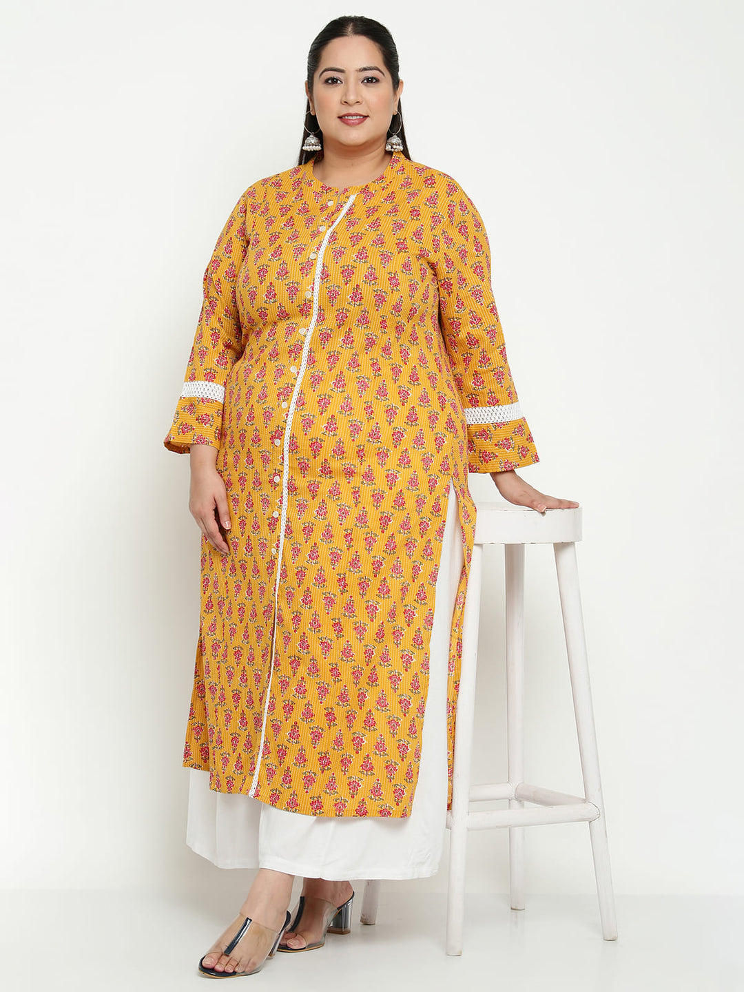 Women Yellow Printed Lace Detailing Plus Size Kurta