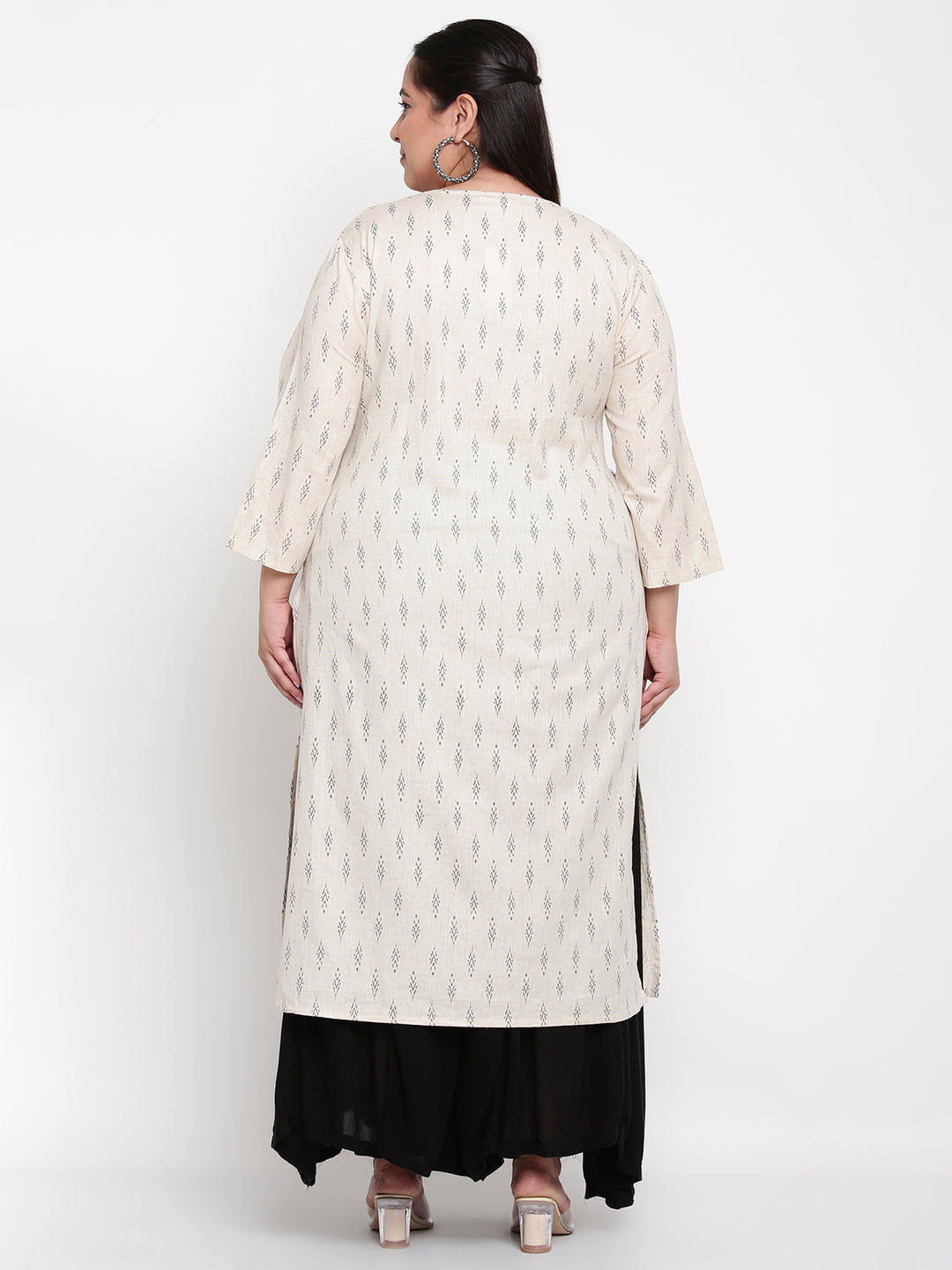 Women Off White Ikat Print Yoke Embroidered Plus Size Kurta