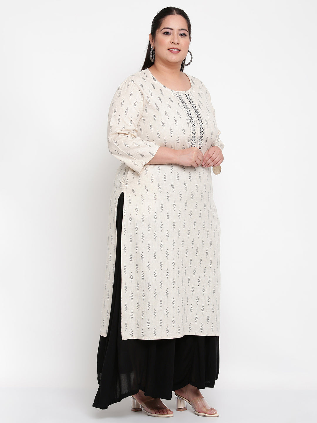 Women Off White Ikat Print Yoke Embroidered Plus Size Kurta