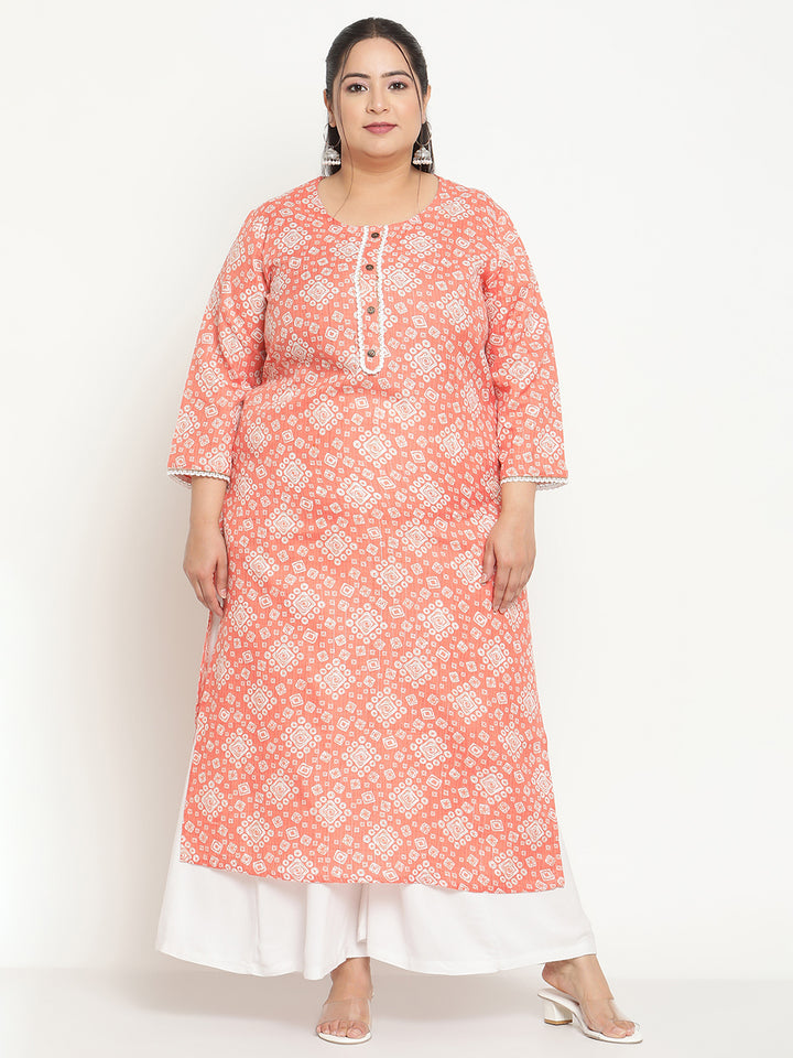 Women Peach Floral Printed Plus Size Kurta