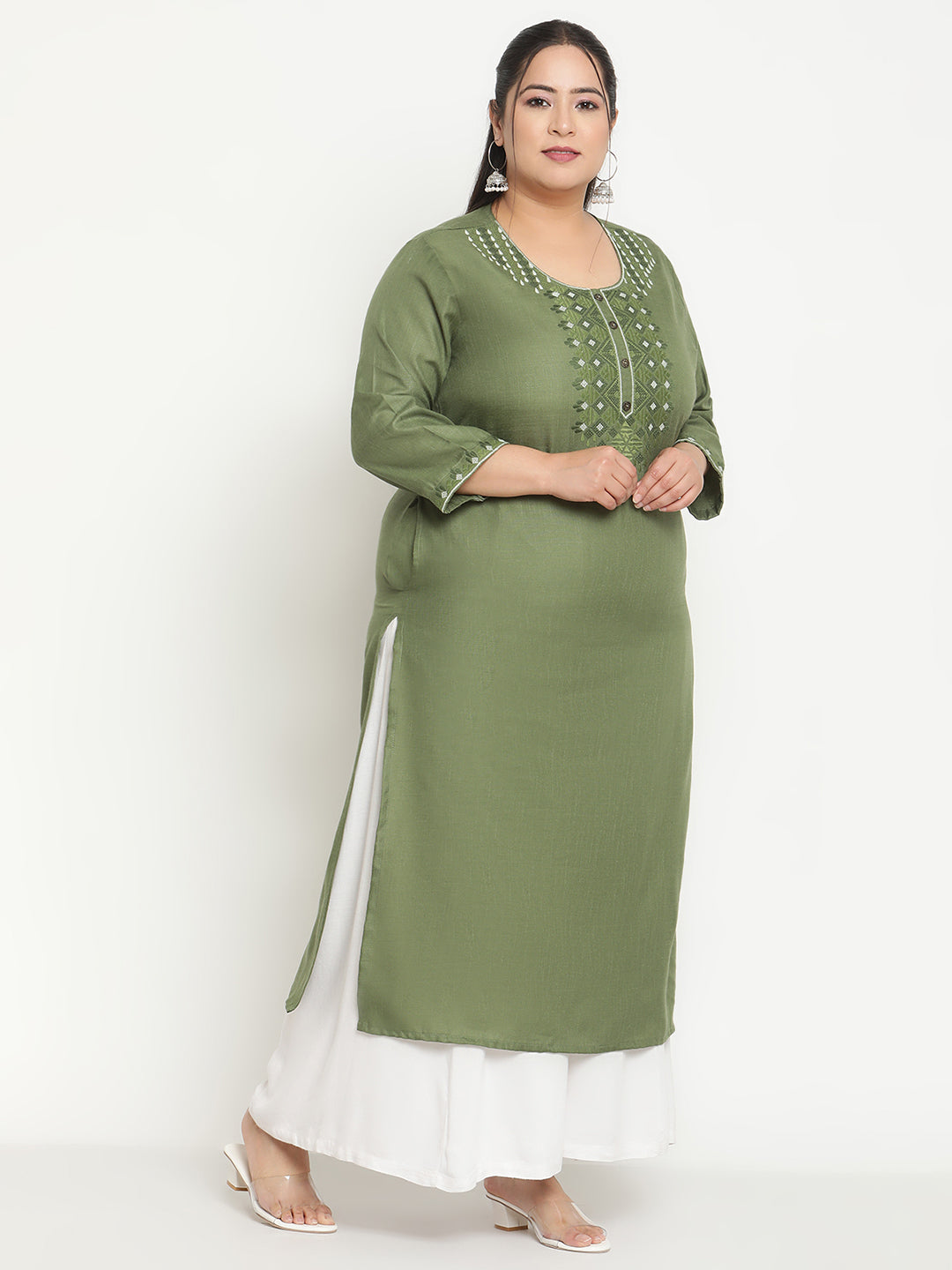 Women Green Yoke Embroidered Plus Size Kurta