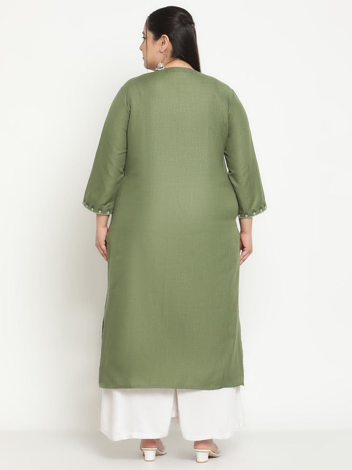 Women Green Yoke Embroidered Plus Size Kurta