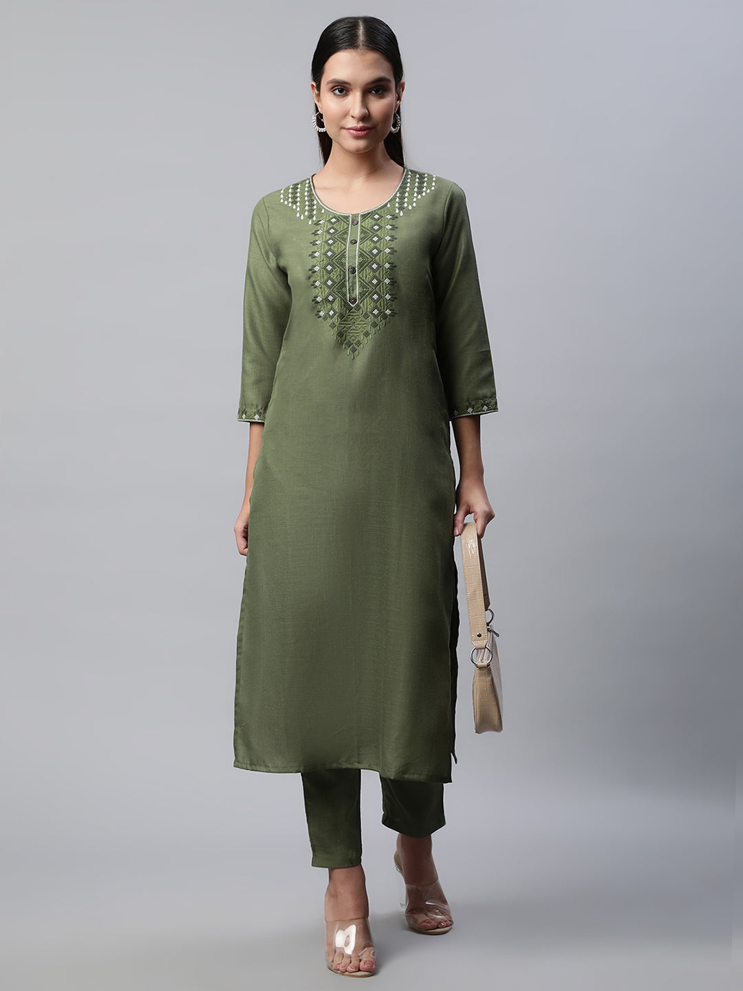 Women Green Embroidered Yoke Design Thread work Kurta with Trousers