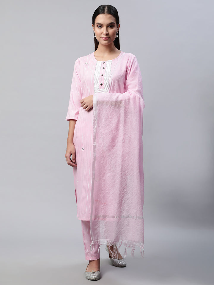 Women Pink Self Design Kurta with Trousers and Dupatta