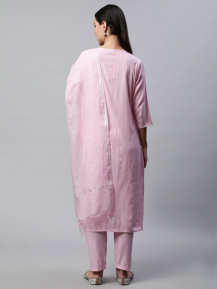 Women Pink Self Design Kurta with Trousers and Dupatta