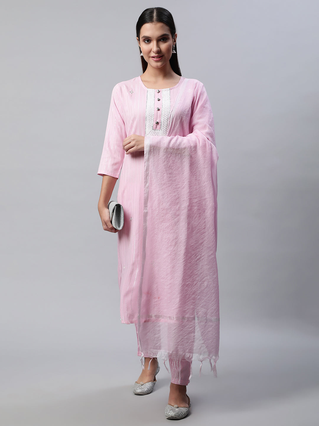 Women Pink Self Design Kurta with Trousers and Dupatta