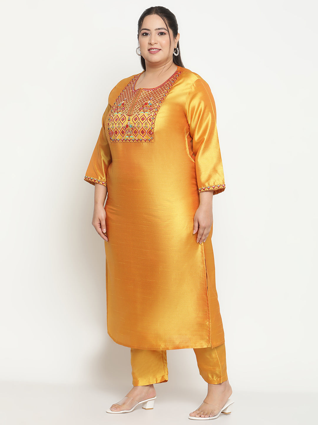 Womens Mustard Solid Embroidered Plus Size Kurta with trouser