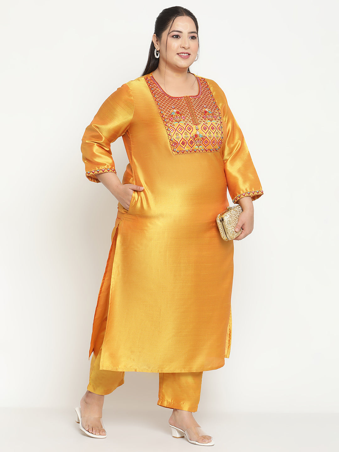 Womens Mustard Solid Embroidered Plus Size Kurta with trouser