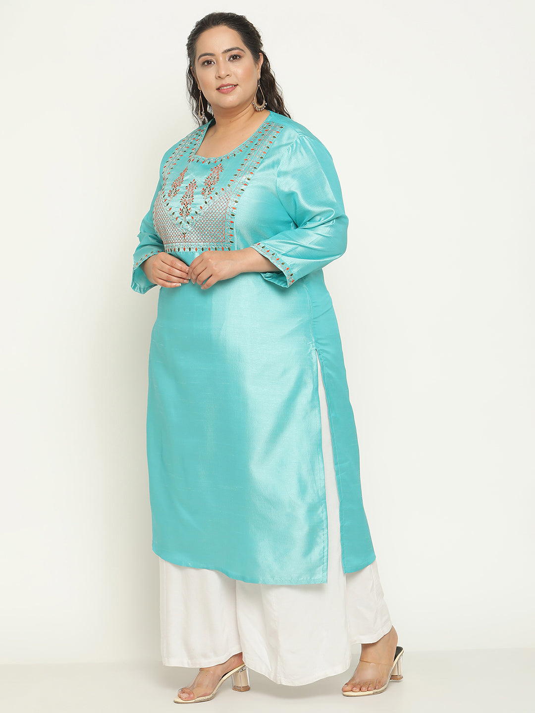 Womens Green Solid Embroidered Plus Size Kurta