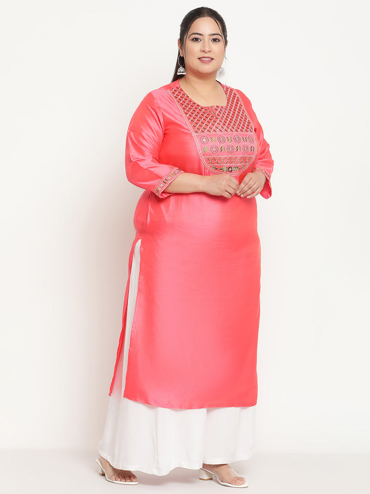 Womens Pink Solid Embroidered Plus Size Kurta