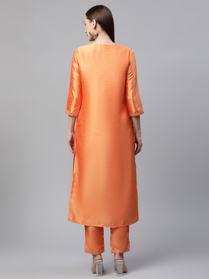 Women Orange Embroidered Yoke Design Kurta with Trousers