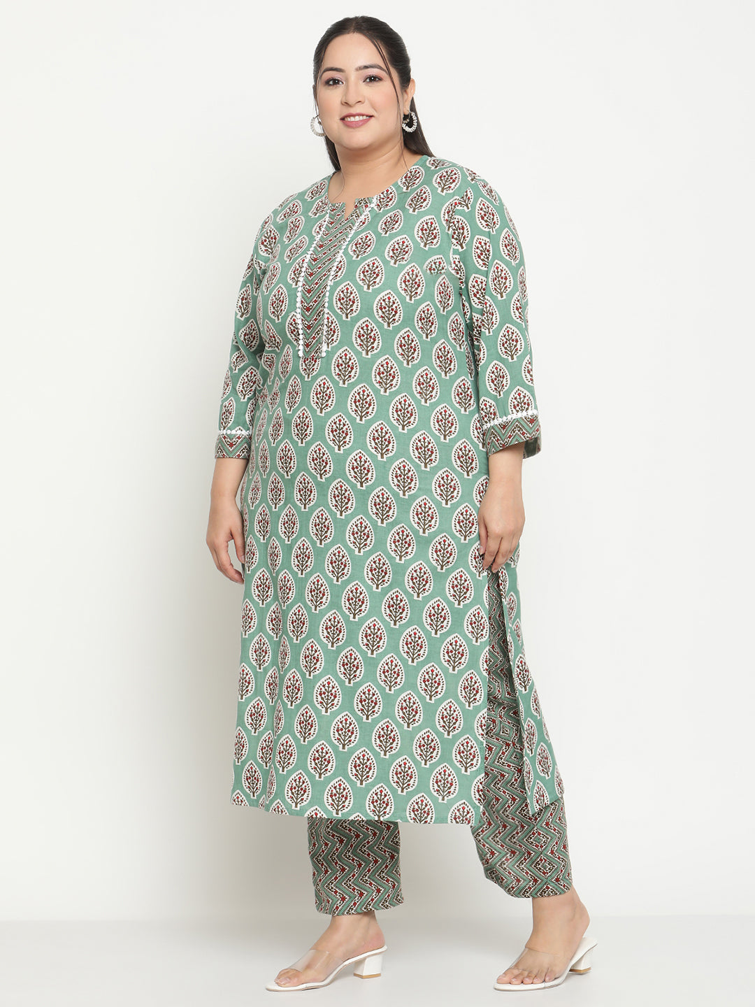 Womens Green Printed Plus Size Kurta with Trouser